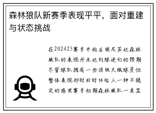 森林狼队新赛季表现平平，面对重建与状态挑战